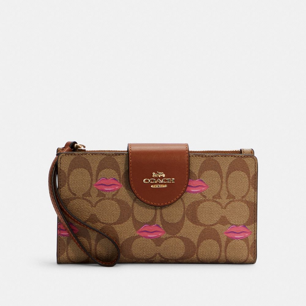 TECH WALLET IN SIGNATURE CANVAS WITH LIPS PRINT - IM/KHAKI REDWOOD - COACH C2873
