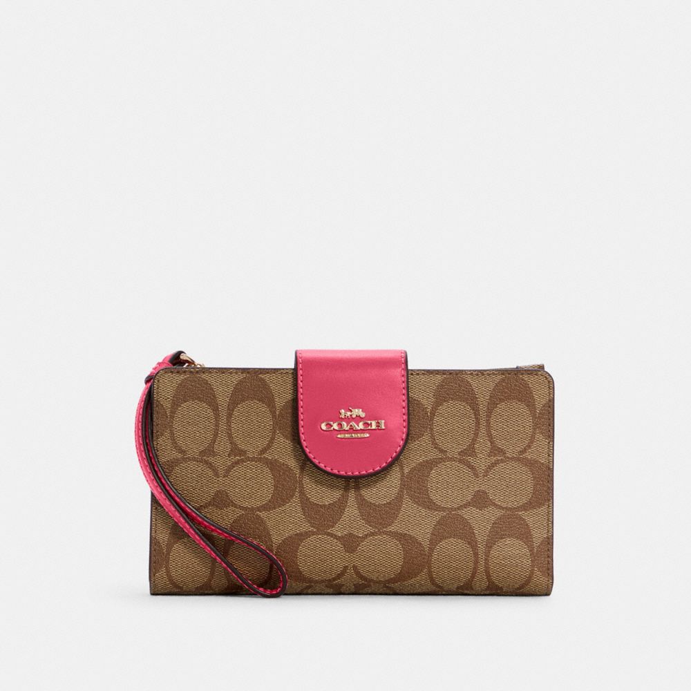 COACH Tech Phone Wallet In Colorblock Signature Canvas - GOLD/KHAKI/BOLD PINK - C2874