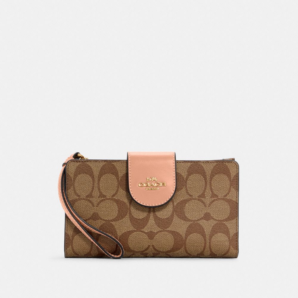 Tech Phone Wallet In Colorblock Signature Canvas - GOLD/LIGHT KHAKI/FADED BLUSH - COACH C2874