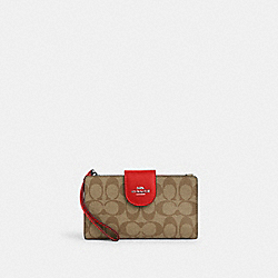 Phone Wallet In Colorblock Signature Canvas - C2874 - Silver/Khaki/Miami Red