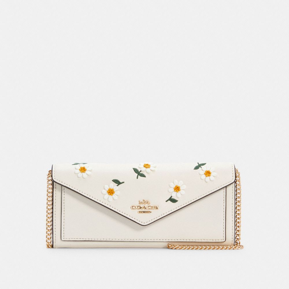 COACH SLIM ENVELOPE WALLET WITH CHAIN WITH DAISY EMBROIDERY - IM/CHALK MULTI - C2888
