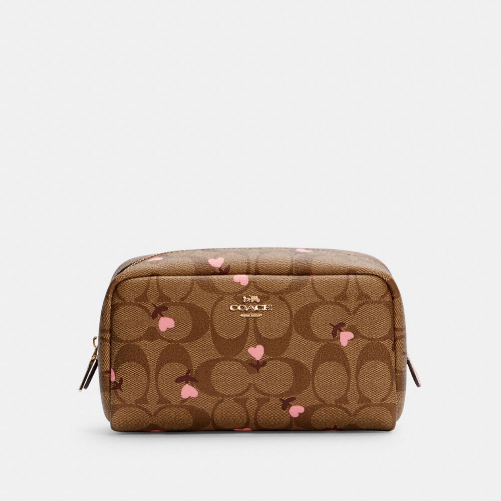 SMALL BOXY COSMETIC CASE IN SIGNATURE CANVAS WITH HEART FLORAL PRINT - C2901 - IM/KHAKI RED MULTI