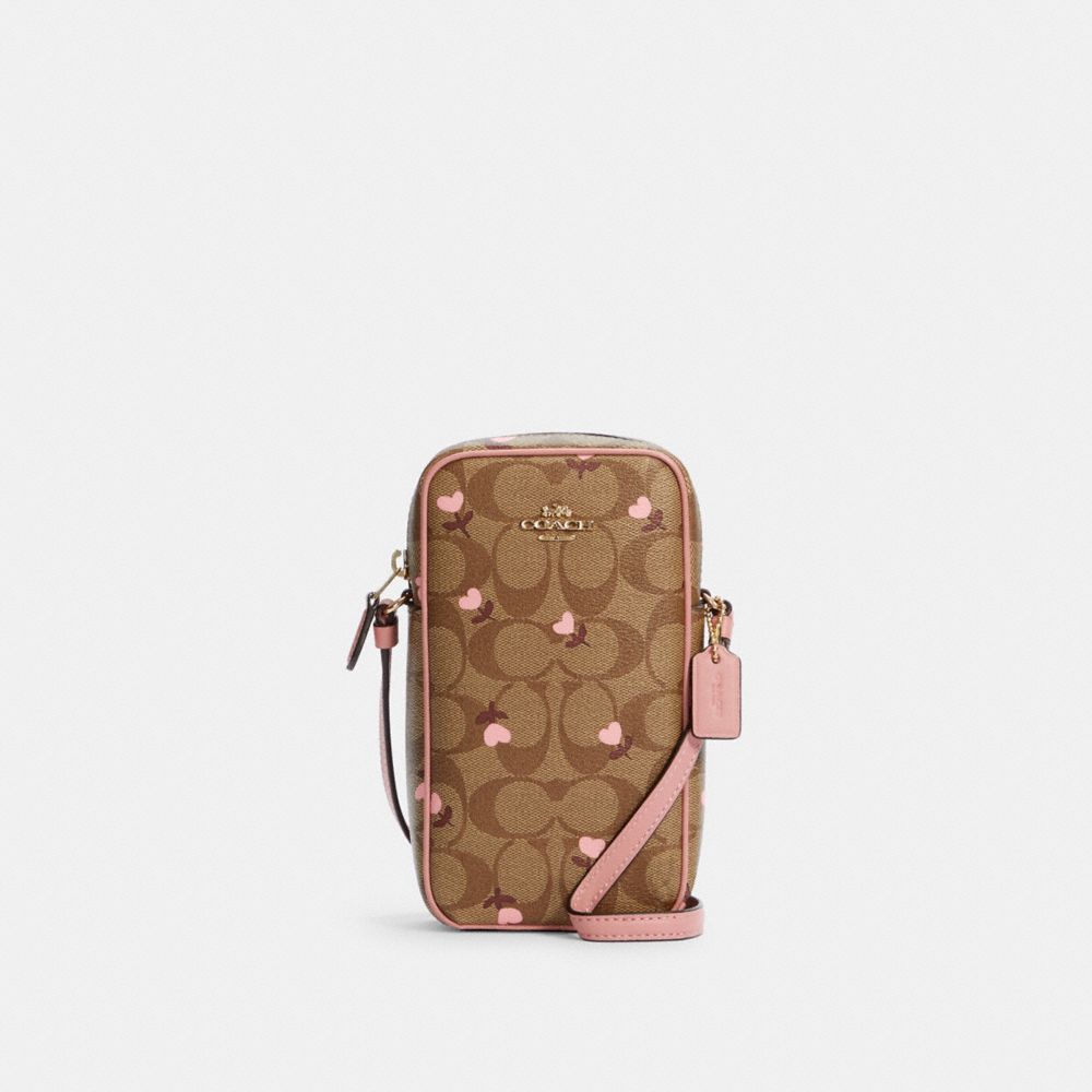 NORTH/SOUTH ZIP CROSSBODY IN SIGNATURE CANVAS WITH HEART FLORAL PRINT - C2910 - IM/KHAKI RED MULTI