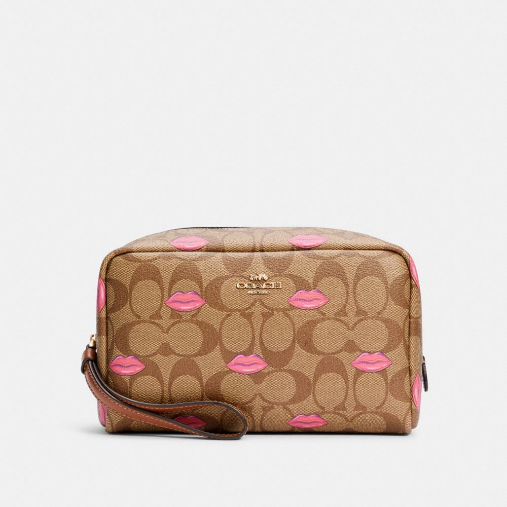 COACH C2930 BOXY COSMETIC CASE IN SIGNATURE CANVAS WITH LIPS PRINT IM/KHAKI REDWOOD