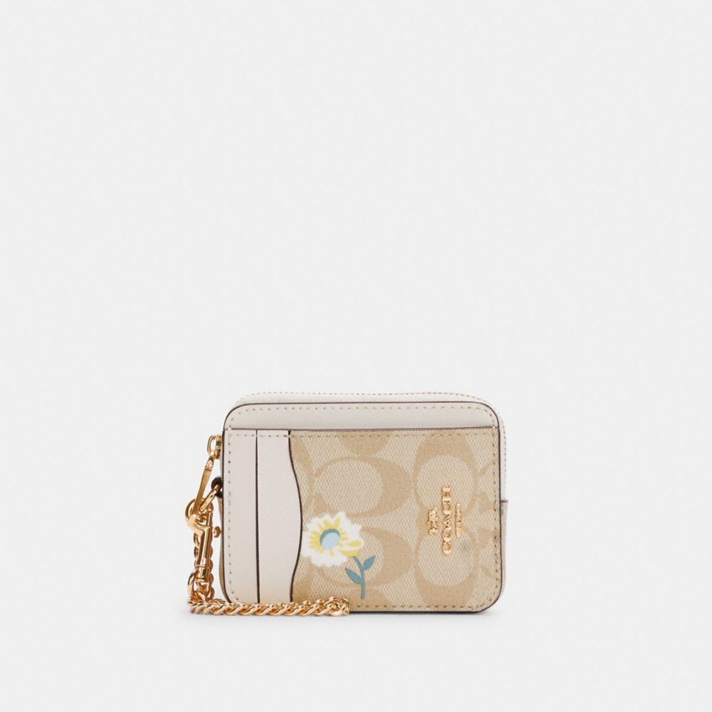 COACH C3056 - ZIP CARD CASE IN SIGNATURE CANVAS WITH DAISY PRINT IM/LIGHT KHAKI CHALK MULTI