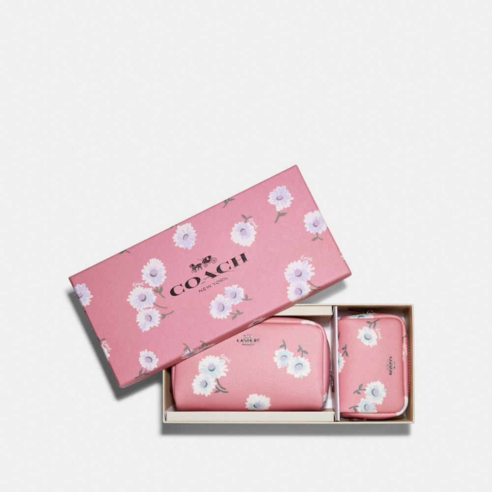 BOXED SMALL AND MINI BOXY COSMETIC CASE SET WITH DAISY PRINT - C3062 - SV/BUBBLEGUM MULTI