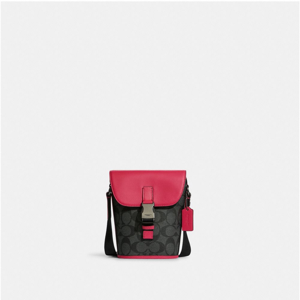 COACH C3134 - Track Small Flap Crossbody In Signature Canvas GUNMETAL/CHARCOAL/BOLD PINK