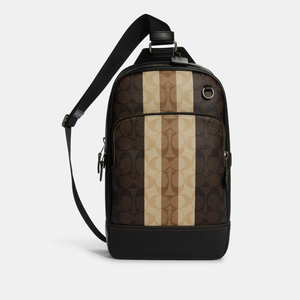 COACH Graham Pack In Blocked Signature Canvas With Varsity Stripe - GUNMETAL/MAHOGANY MULTI - C3229