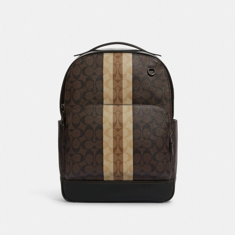 COACH Graham Backpack In Blocked Signature Canvas With Varsity Stripe - GUNMETAL/MAHOGANY MULTI - C3230