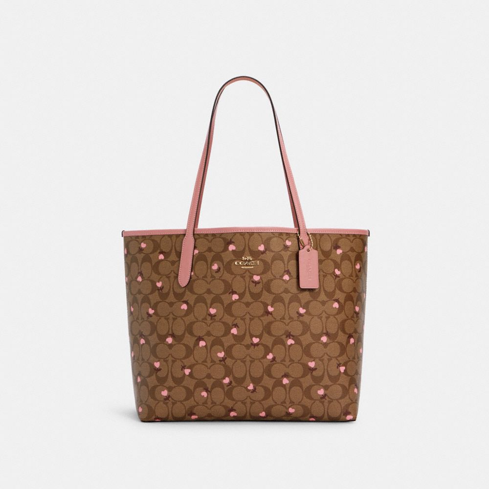 COACH C3240 City Tote In Signature Canvas With Heart Floral Print IM/KHAKI RED MULTI WINE