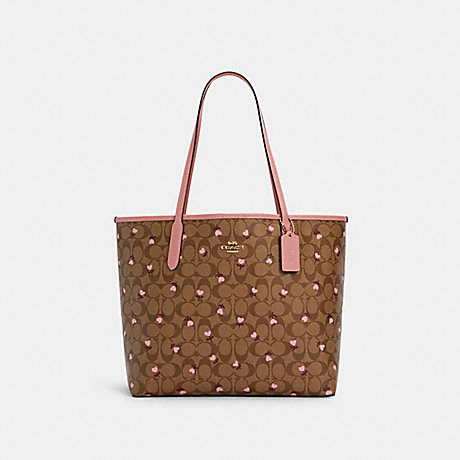 COACH C3240 CITY TOTE IN SIGNATURE CANVAS WITH HEART FLORAL PRINT IM/KHAKI-RED-MULTI-WINE