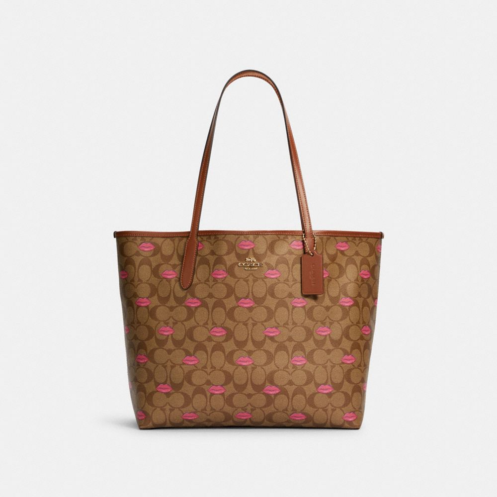 CITY TOTE IN SIGNATURE CANVAS WITH LIPS PRINT - C3247 - IM/KHAKI PINK MULTI/REDWOOD