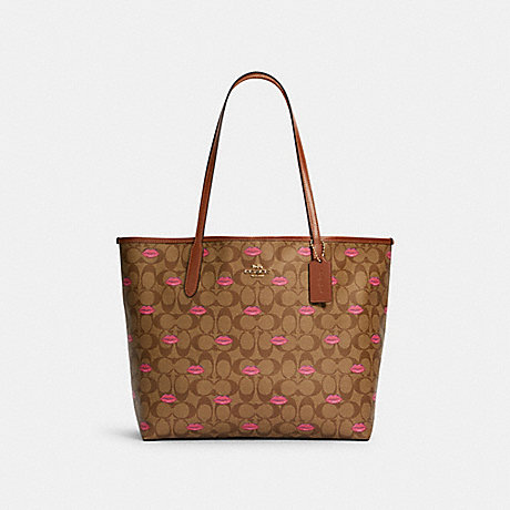 COACH C3247 CITY TOTE IN SIGNATURE CANVAS WITH LIPS PRINT IM/KHAKI-PINK-MULTI/REDWOOD