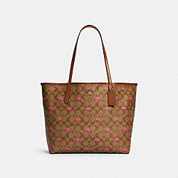 COACH C3247 City Tote In Signature Canvas With Lips Print IM/KHAKI PINK MULTI/REDWOOD