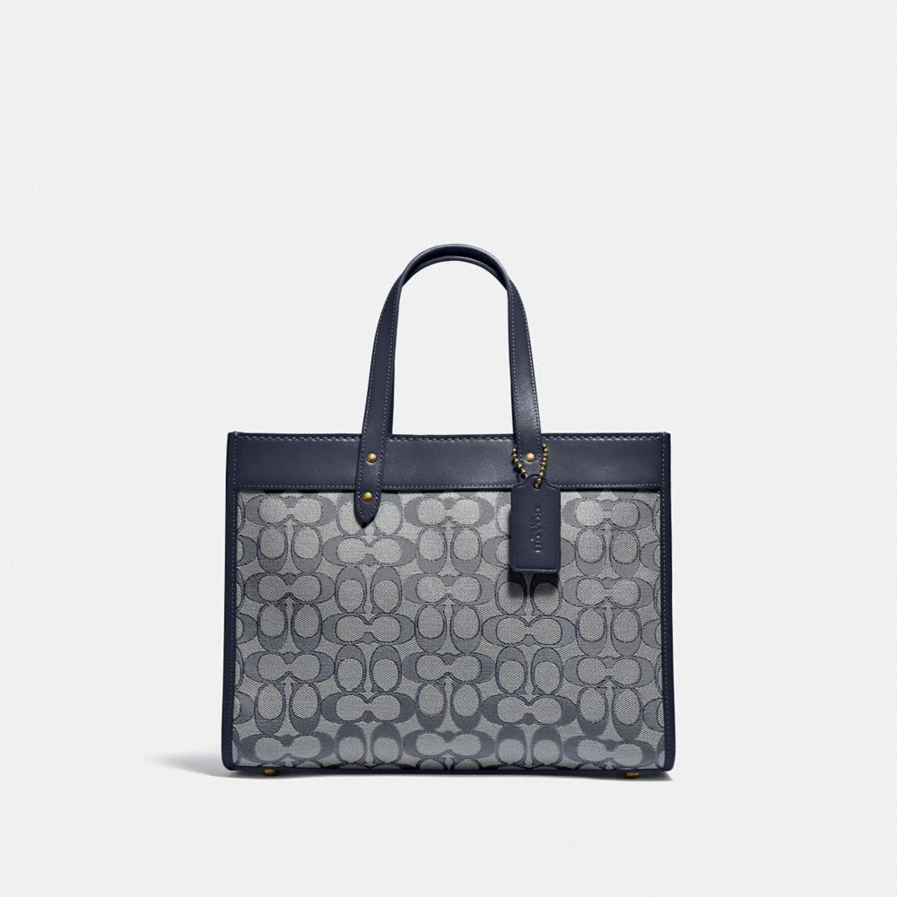 C3282 - Field Tote 30 In Signature Jacquard Brass/Navy Midnight Navy