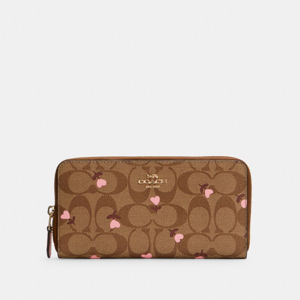 ACCORDION ZIP WALLET IN SIGNATURE CANVAS WITH HEART FLORAL PRINT - C3288 - IM/KHAKI RED MULTI