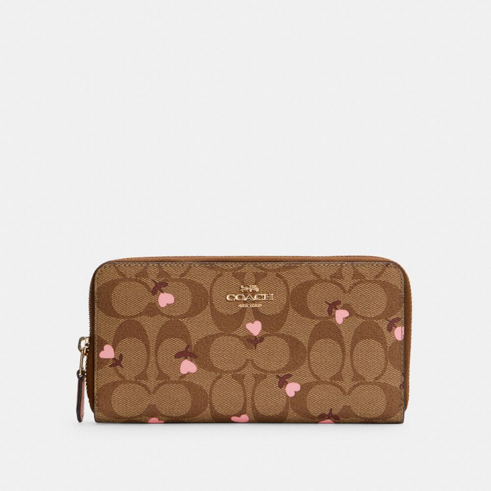 COACH C3288 ACCORDION ZIP WALLET IN SIGNATURE CANVAS WITH HEART FLORAL PRINT IM/KHAKI RED MULTI