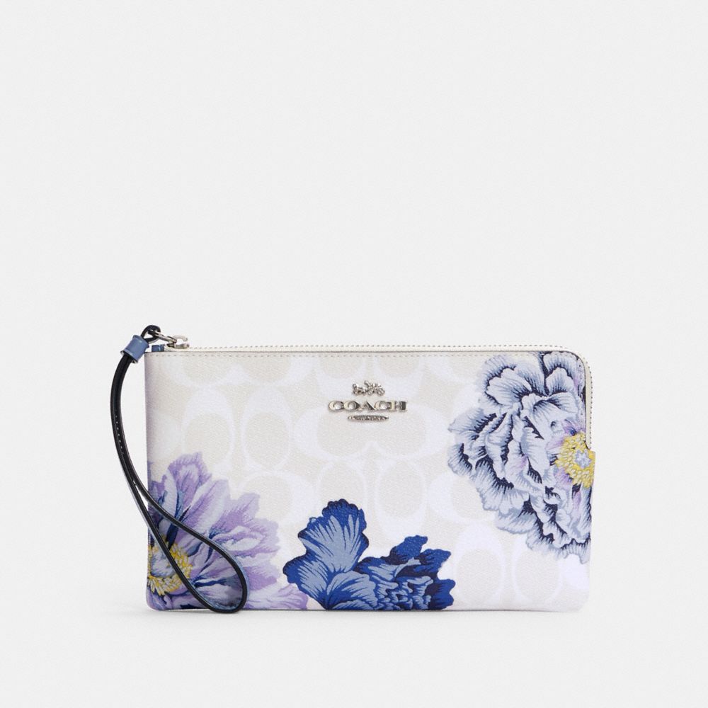 COACH LARGE CORNER ZIP WRISTLET IN SIGNATURE CANVAS WITH KAFFE FASSETT PRINT - SV/CHALK MULTI/PERIWINKLE - C3297