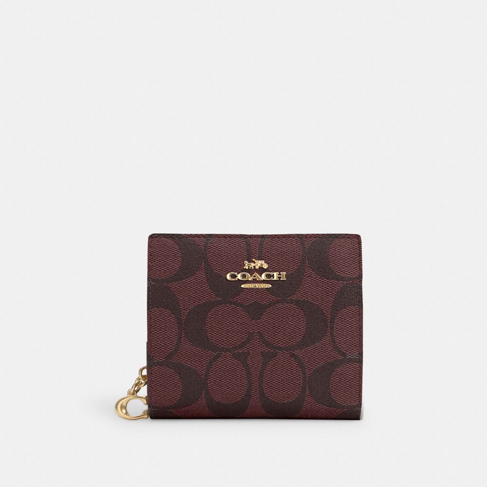 COACH C3309 Snap Wallet In Signature Canvas GOLD/OXBLOOD MULTI