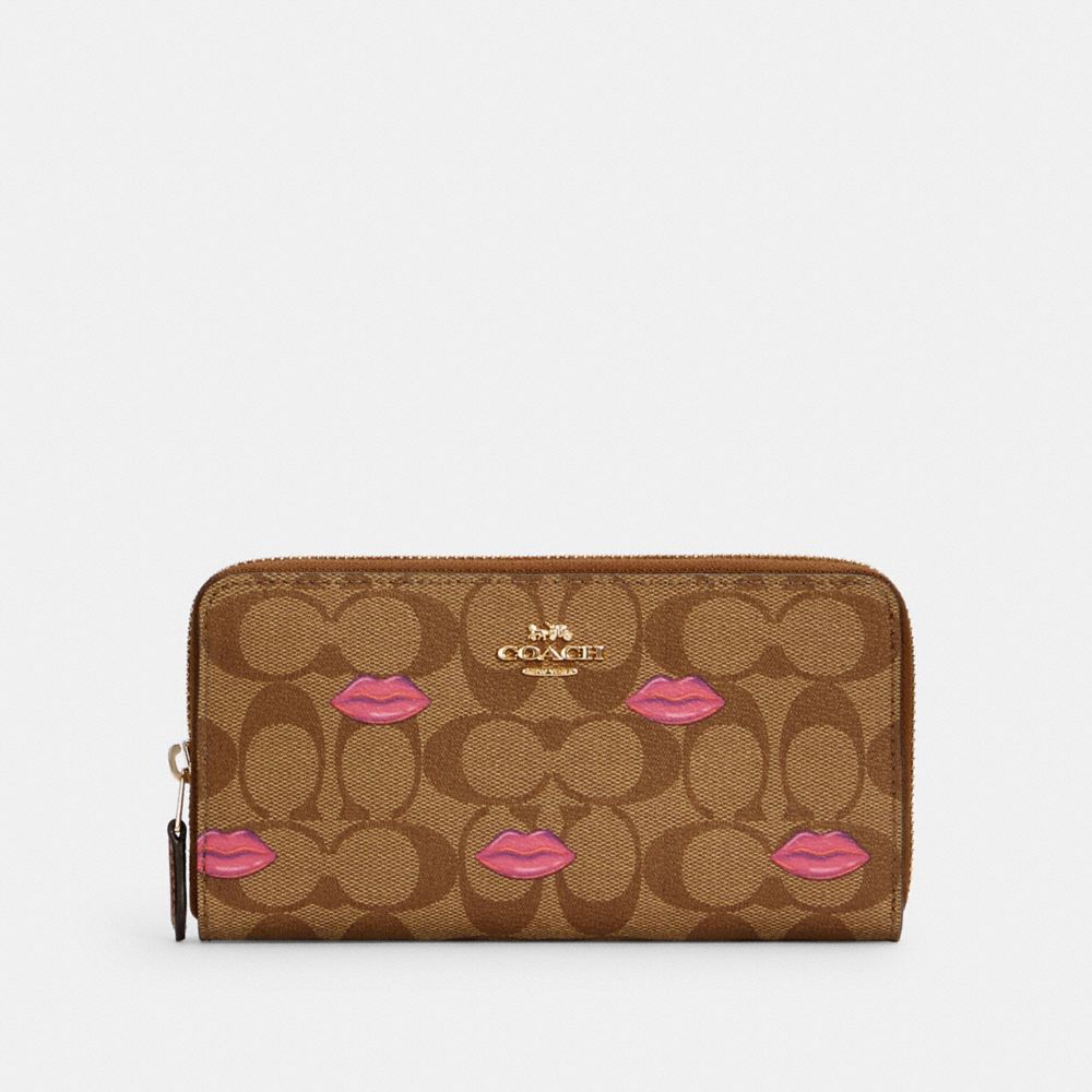 COACH C3312 - ACCORDION ZIP WALLET IN SIGNATURE CANVAS WITH LIPS PRINT IM/KHAKI REDWOOD