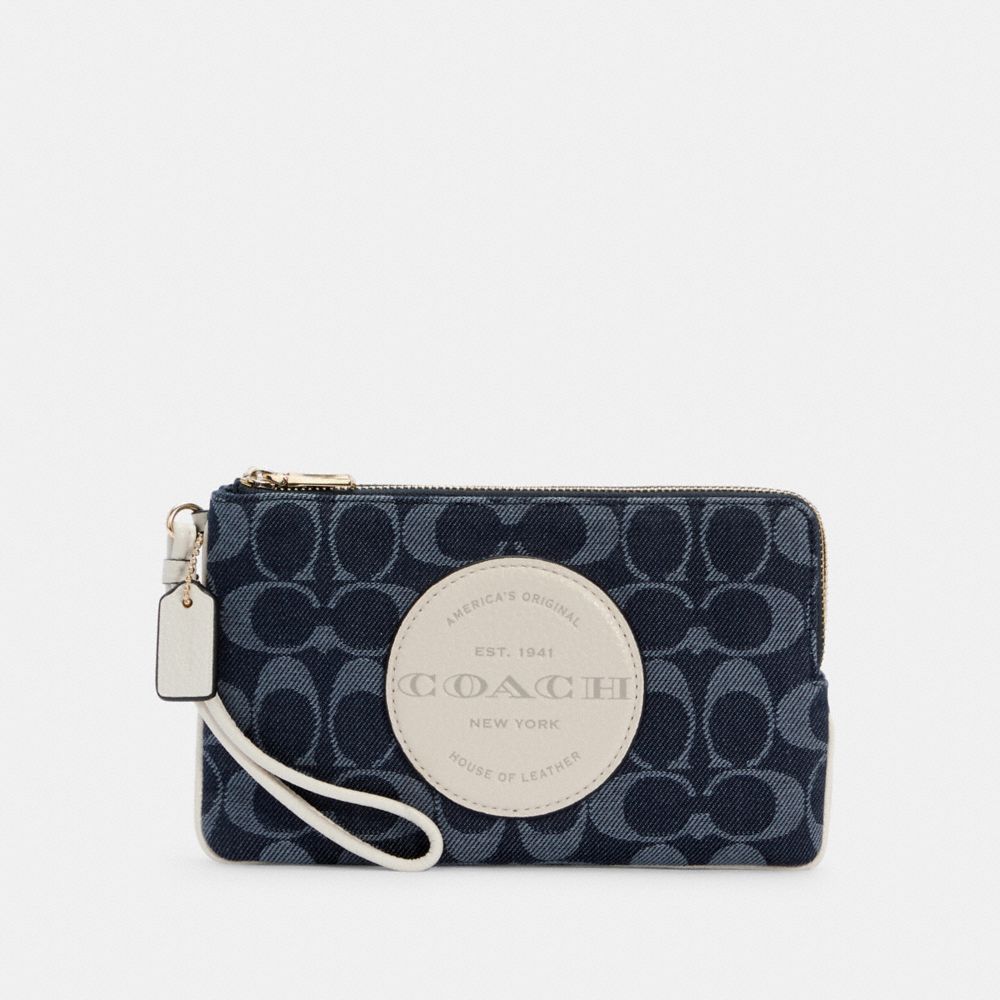 COACH C3318 DEMPSEY DOUBLE ZIP WALLET IN SIGNATURE JACQUARD WITH PATCH IM/DENIM MULTI