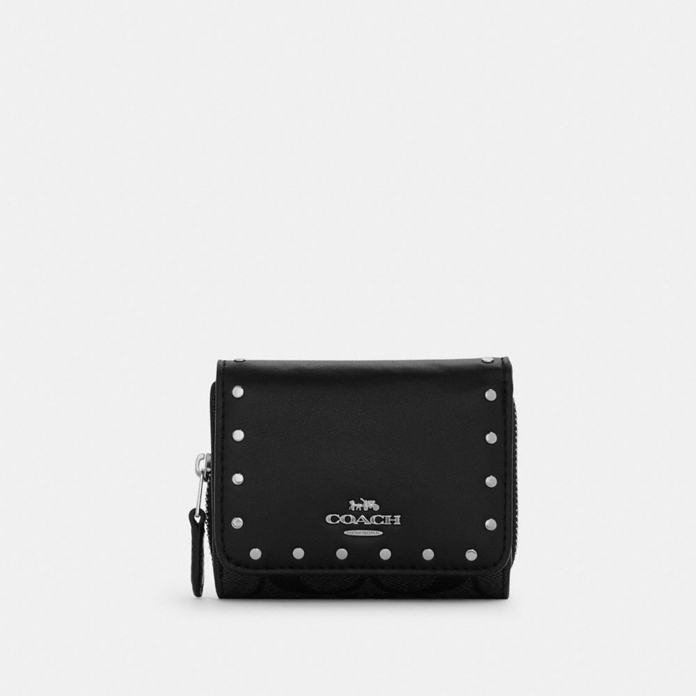 COACH C3322 - Small Trifold Wallet In Signature Canvas With Rivets SILVER/GRAPHITE/BLACK MULTI