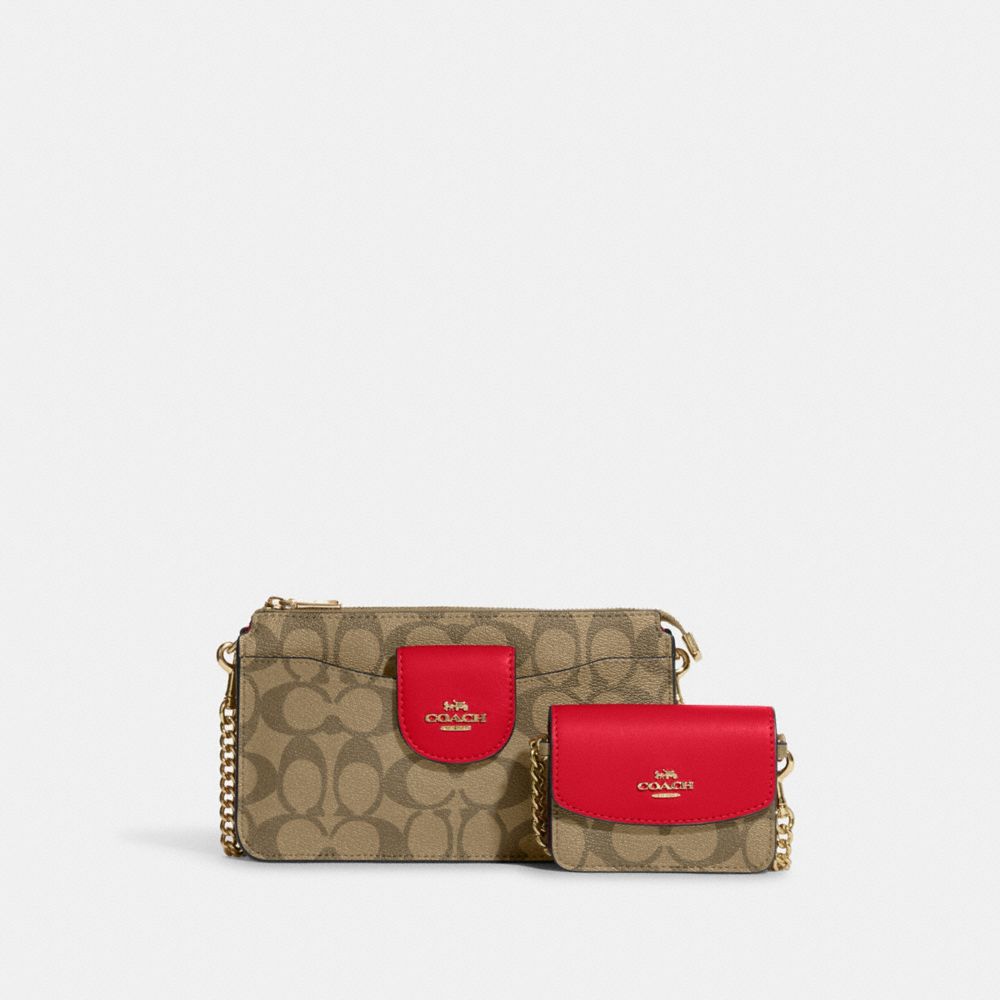 COACH C3328 Poppy Crossbody With Card Case In Signature Canvas IM/KHAKI/ELECTRIC RED