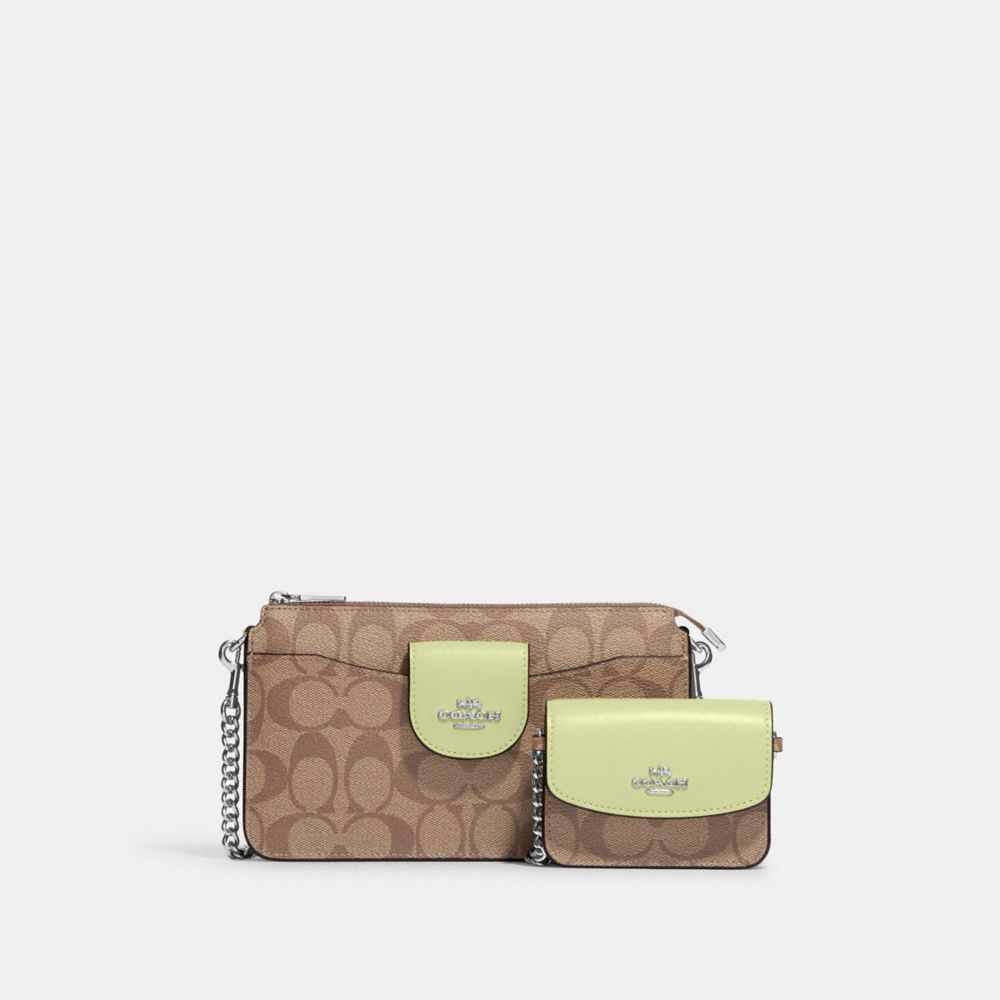 COACH C3328 Poppy Crossbody With Card Case In Signature Canvas SILVER/KHAKI/PALE LIME
