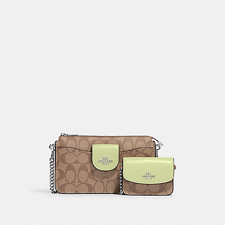 COACH C3328 Poppy Crossbody With Card Case In Signature Canvas Silver/Khaki/Pale Lime