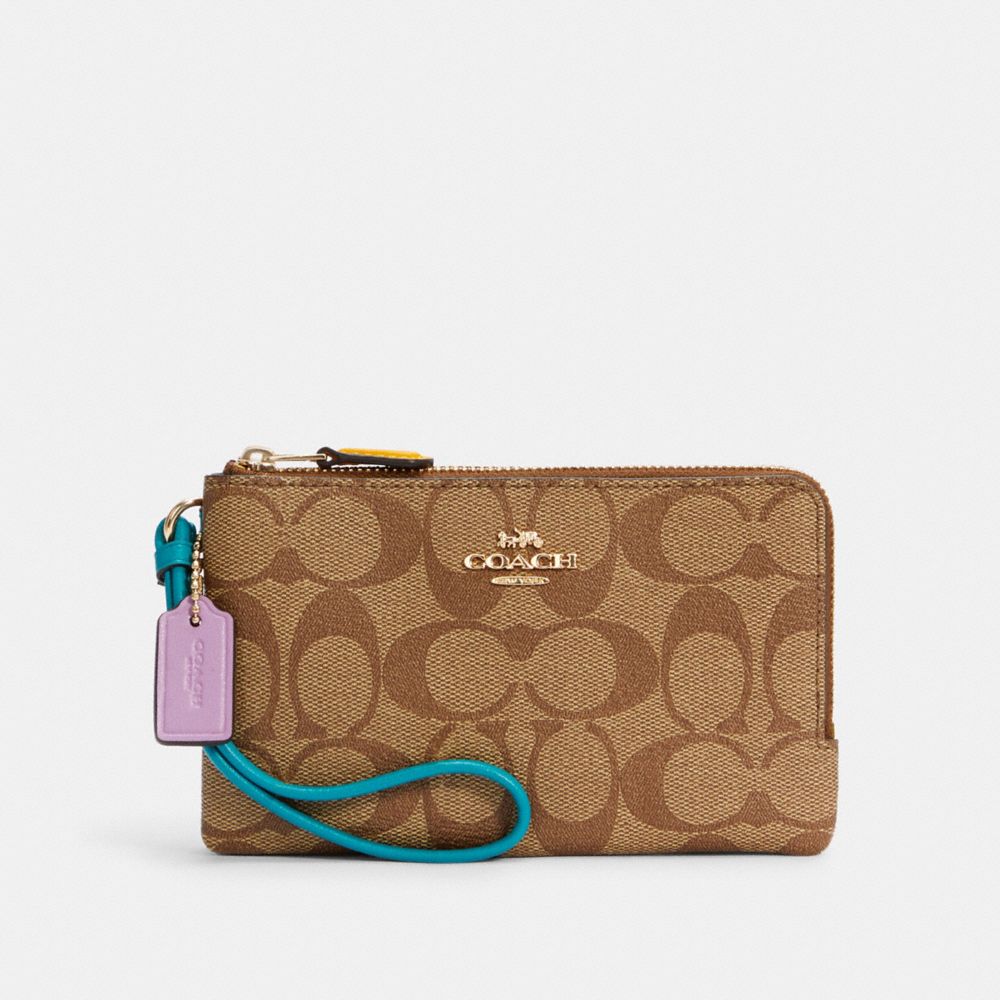 DOUBLE CORNER ZIP WRISTLET IN COLORBLOCK SIGNATURE CANVAS - IM/KHAKI BROWN MULTI - COACH C3347