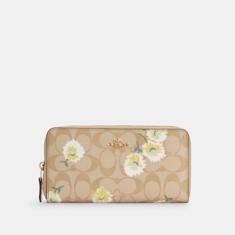 COACH C3370 ACCORDION ZIP WALLET IN SIGNATURE CANVAS WITH DAISY PRINT IM/LIGHT KHAKI CHALK MULTI