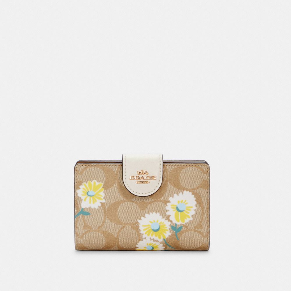 MEDIUM CORNER ZIP WALLET IN SIGNATURE CANVAS WITH DAISY PRINT - C3375 - IM/LIGHT KHAKI CHALK MULTI