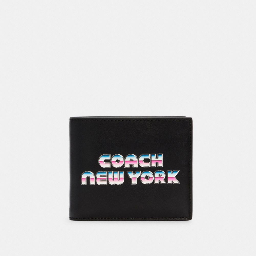 COACH C3412 DOUBLE BILLFOLD WALLET WITH 80'S NEW YORK GRAPHIC QB/BLACK