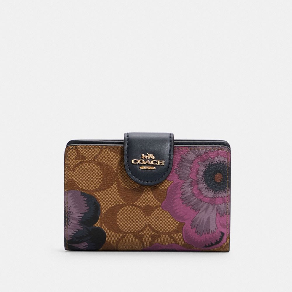 COACH C3452 MEDIUM CORNER ZIP WALLET IN SIGNATURE CANVAS WITH KAFFE FASSETT PRINT IM/KHAKI PURPLE MULTI