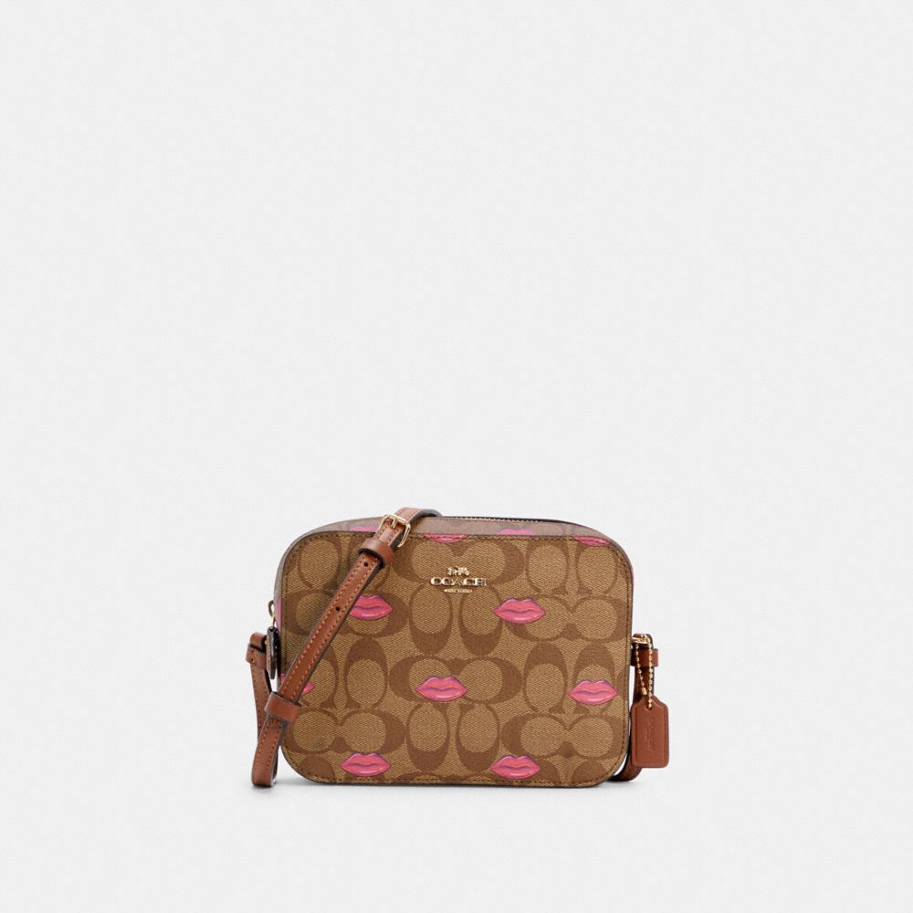 COACH C3569 Mini Camera Bag In Signature Canvas With Lips Print IM/KHAKI REDWOOD