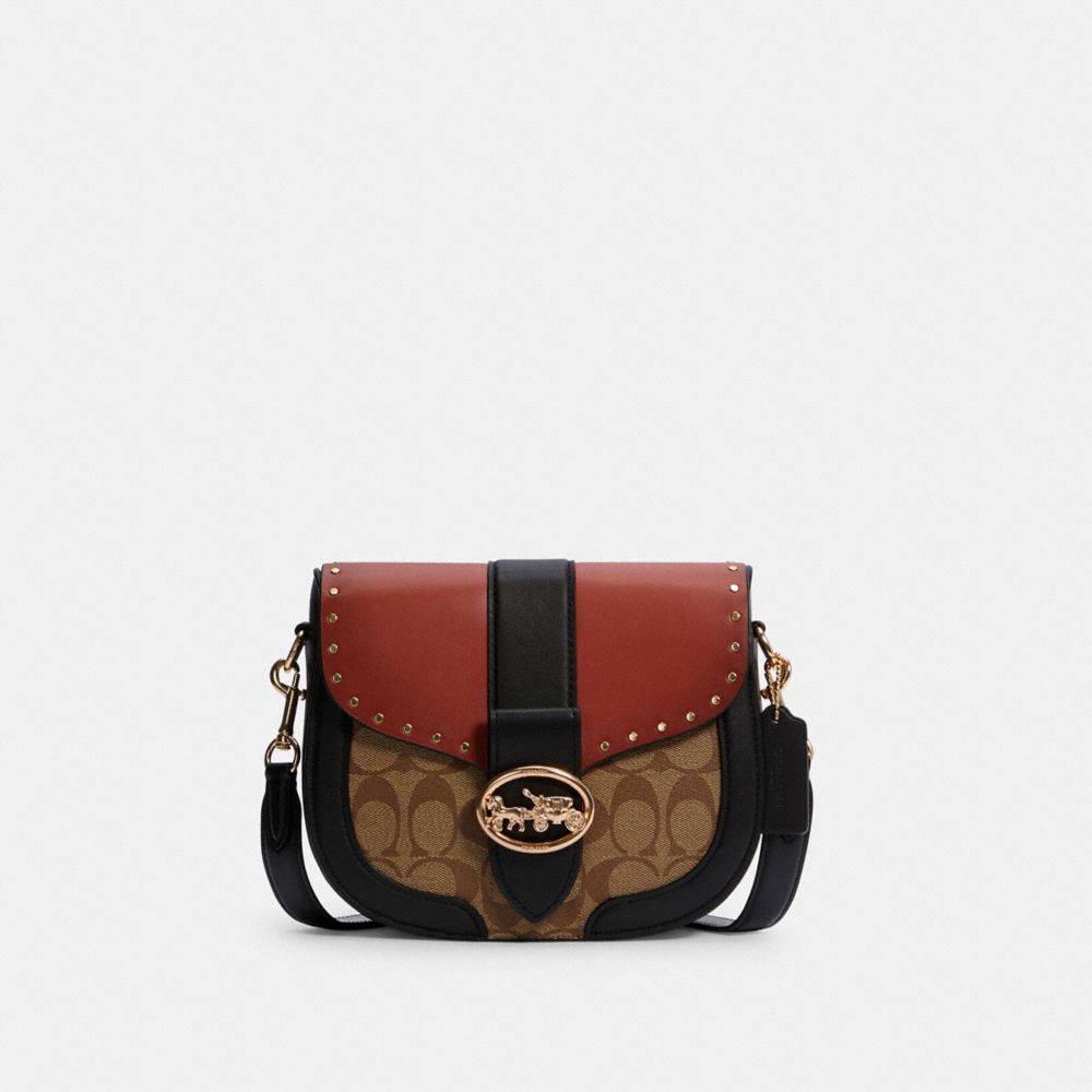 GEORGIE SADDLE BAG IN COLORBLOCK SIGNATURE CANVAS WITH RIVETS - C3593 - IM/KHAKI/TERRACOTTA MULTI