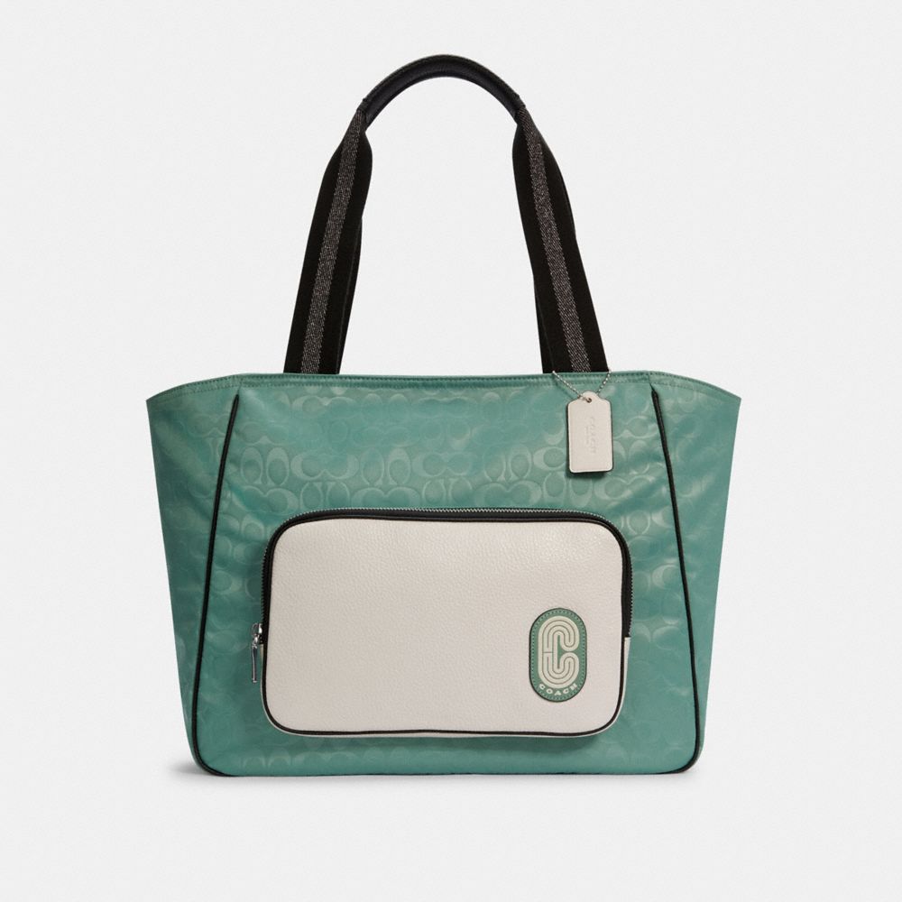 COURT TOTE IN COLORBLOCK SIGNATURE NYLON - C3656 - SV/WASHED GREEN MULTI