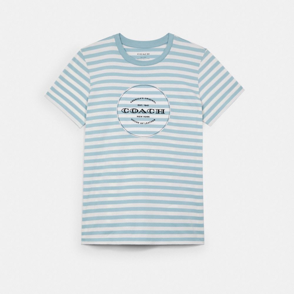 COACH ALL OVER STRIPE T-SHIRT - CONCRETE WHITE/STERLING BLUE - C3667