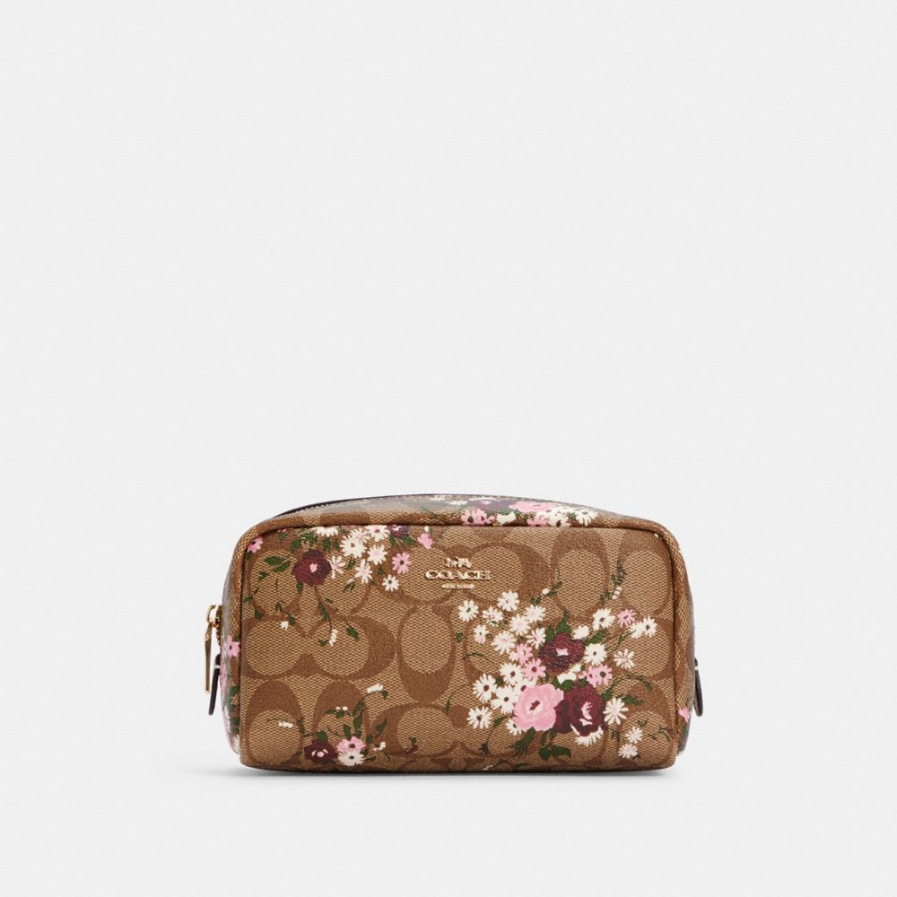 SMALL BOXY COSMETIC CASE IN SIGNATURE CANVAS WITH EVERGREEN FLORAL PRINT - C3720 - IM/KHAKI MULTI