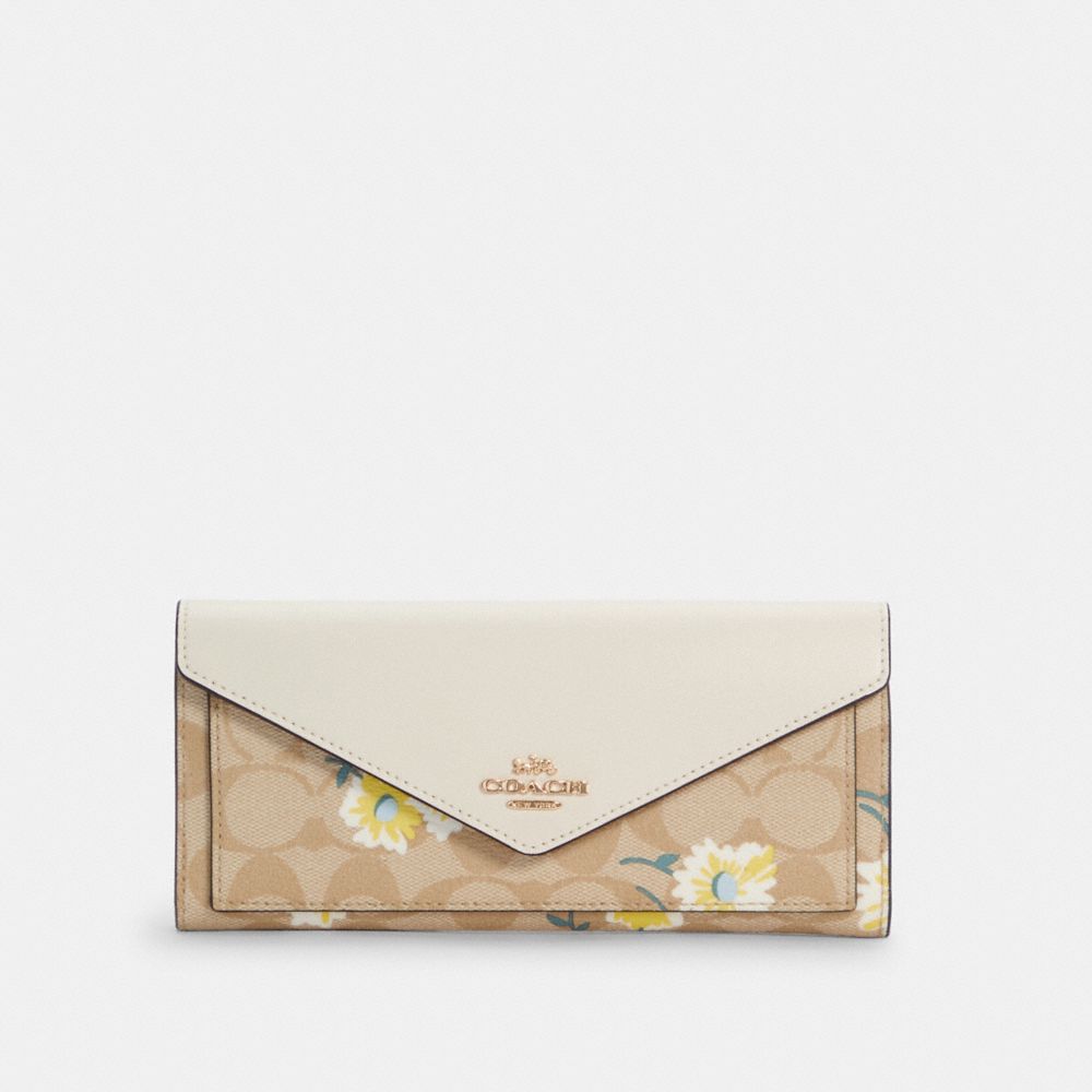 COACH SLIM ENVELOPE WALLET IN SIGNATURE CANVAS WITH DAISY PRINT - IM/LIGHT KHAKI CHALK MULTI - C3721