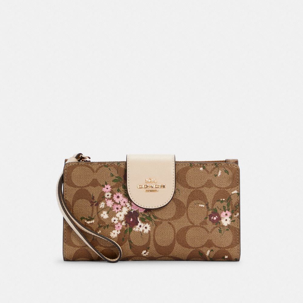 TECH PHONE WALLET IN SIGNATURE CANVAS WITH EVERGREEN FLORAL PRINT - C3722 - IM/KHAKI MULTI