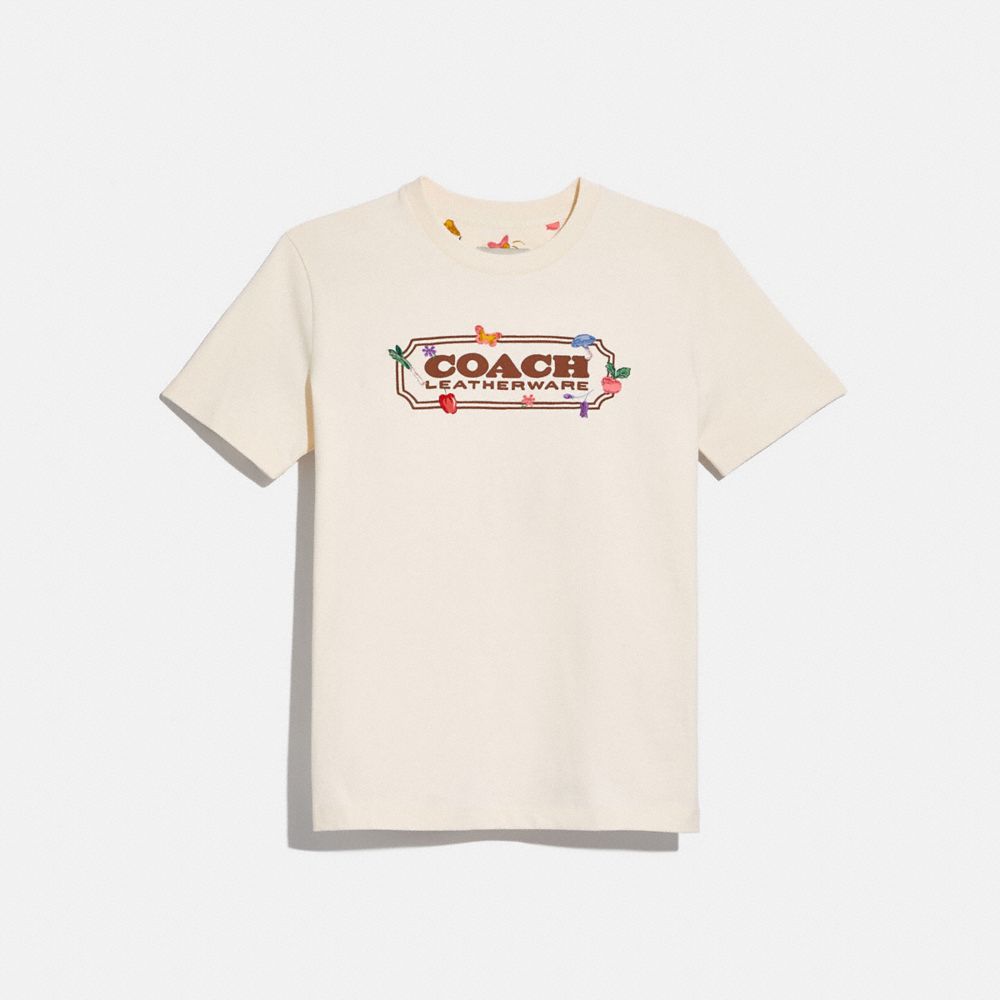 COACH C3752 Garden Print T Shirt In Organic Cotton Antique White
