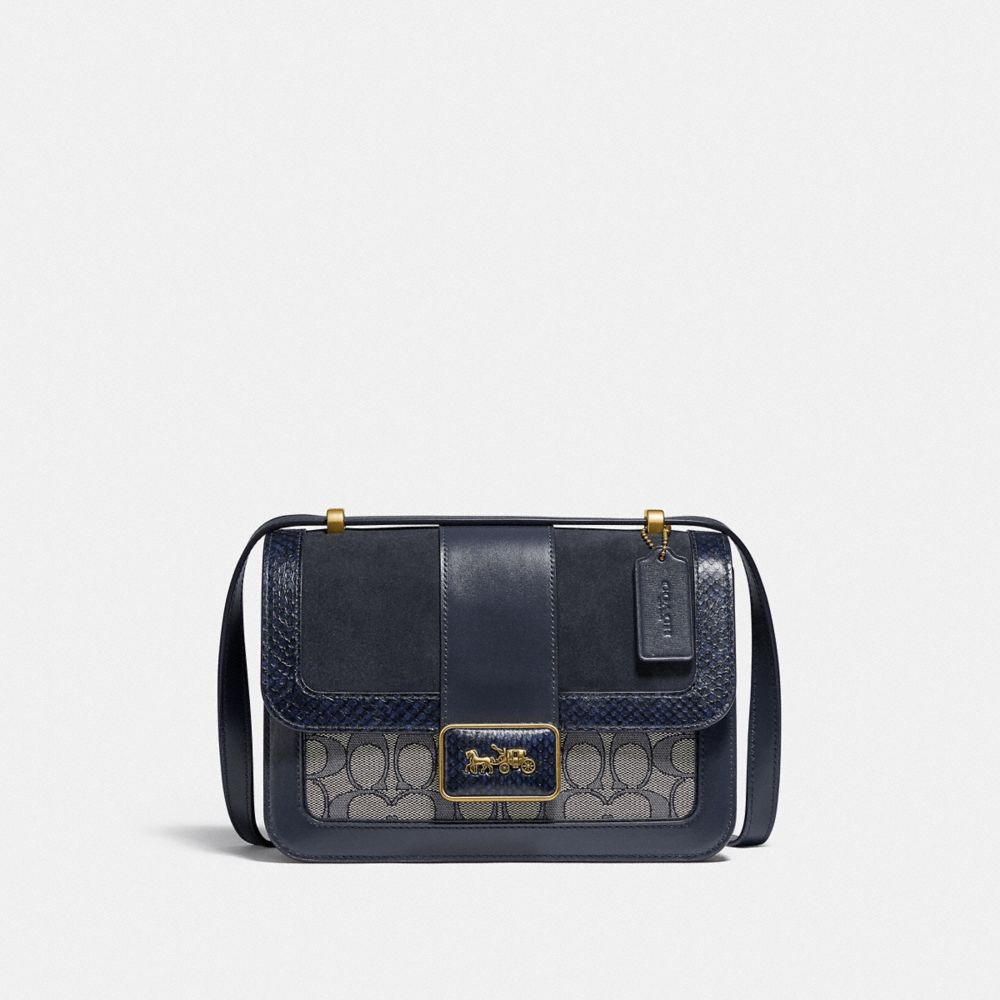 Alie Shoulder Bag In Signature Jacquard With Snakeskin Detail - C3756 - BRASS/NAVY MIDNIGHT NAVY