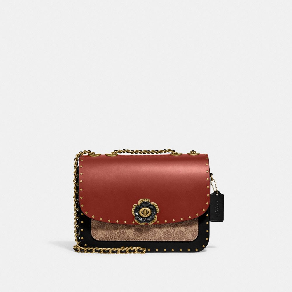 COACH C3758 Madison Shoulder Bag In Signature Canvas With Rivets And Snakeskin Detail Brass/Tan/Rust