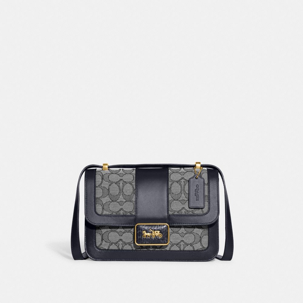 COACH C3762 Alie Shoulder In Signature Jacquard With Snakeskin Detail Brass/Navy Midnight Navy