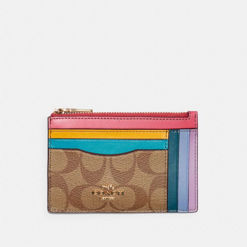 COACH XL MINI SKINNY ID CASE IN RAINBOW COLORBLOCK SIGNATURE CANVAS - IM/KHAKI/FUCHSIA - C3769