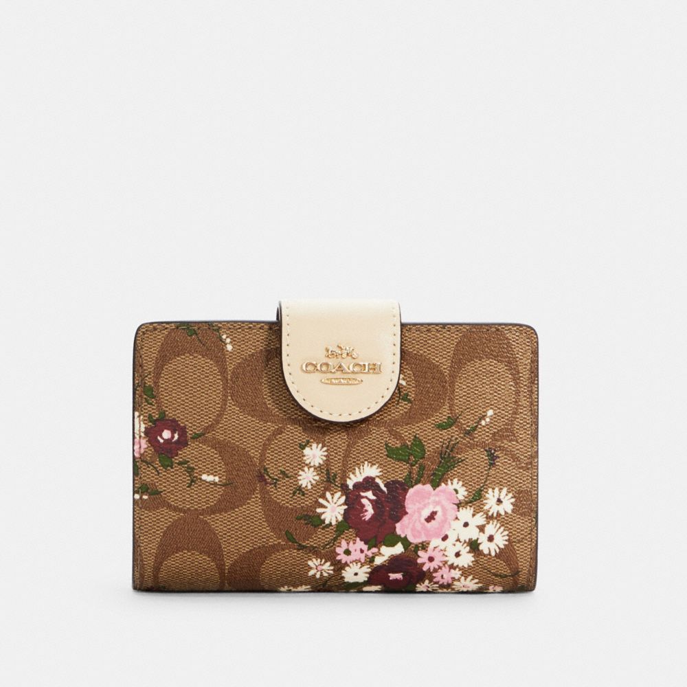 COACH C3773 Medium Corner Zip Wallet In Signature Canvas With Evergreen Floral Print Gold/Khaki Multi