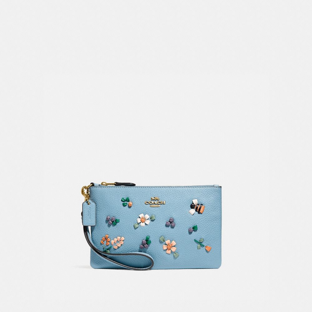 Small Wristlet With Floral Embroidery - C3815 - BRASS/AZURE