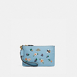 COACH C3815 - Small Wristlet With Floral Embroidery BRASS/AZURE
