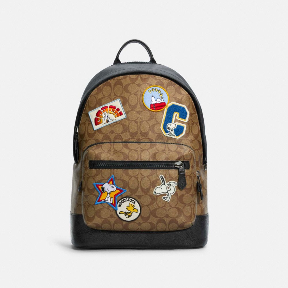 COACH C4030 Coach X Peanuts West Backpack In Signature Canvas With Varsity Patches QB/KHAKI MULTI